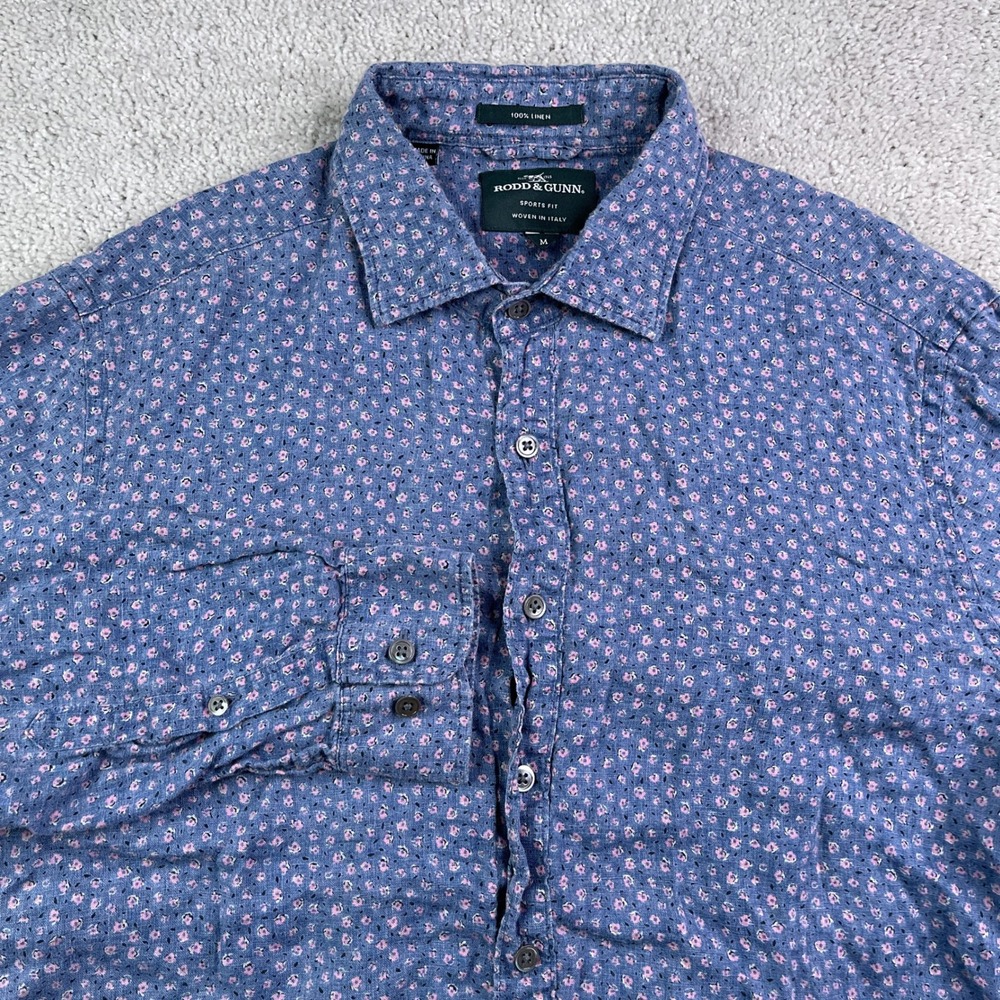 Rodd & Gunn Shirt Mens Medium Blue Floral Sports Fit Linen Button Up Italian